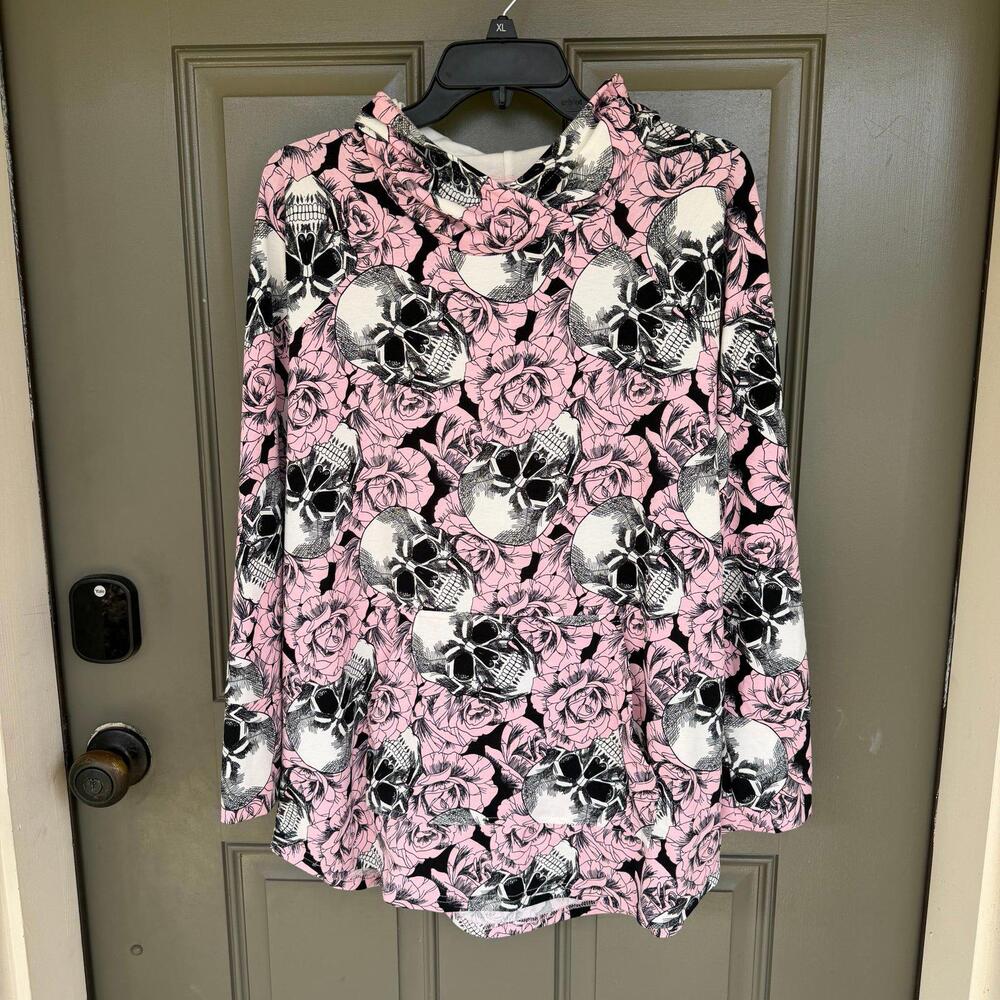 LuLaRoe Amber Hoodie Pullover Pink Floral Skull Print Large